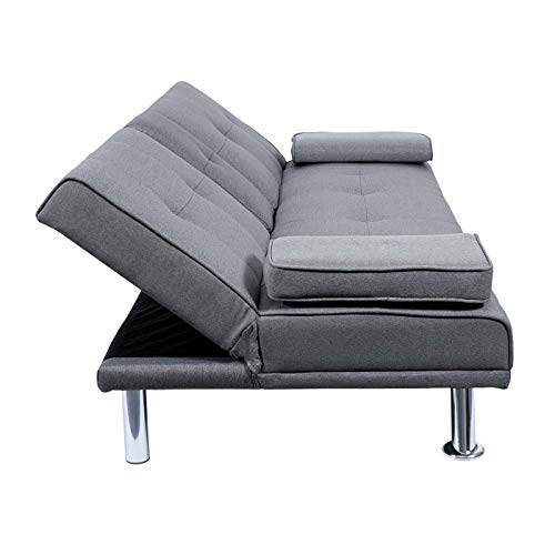 Mendler 3er-Sofa HWC-F60, Couch Schlafsofa Gästebett, Tassenhalter verstellbar 97x166cm - Textil, dunkelgrau