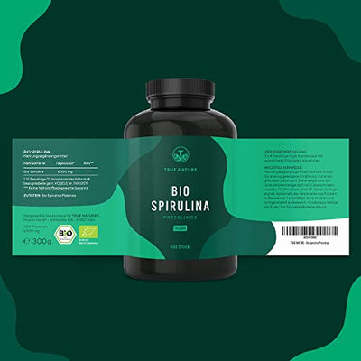 Bio Spirulina Presslinge - 600 Tabletten (500mg) - 6.000mg Hochdosiert - Reine Spirulina Algen aus kontrolliert biologischem Anbau - Vegan, Laborgeprüft - TRUE NATURE®