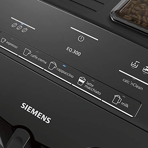 Siemens Kaffeevollautomat EQ.300 TI351509DE, für viele Kaffeespezialitäten, Milchaufschäumer, Keramikmahlwerk, OneTouch-Funktion, Heißwasserfunktion, Antikalk, automatische Reinigung, 1300 W, schwarz