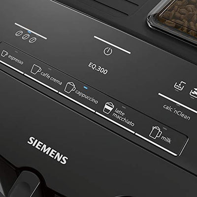 Siemens Kaffeevollautomat EQ.300 TI351509DE, für viele Kaffeespezialitäten, Milchaufschäumer, Keramikmahlwerk, OneTouch-Funktion, Heißwasserfunktion, Antikalk, automatische Reinigung, 1300 W, schwarz