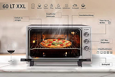 ICQN 60 Liter XXL Minibackofen, 1800 W, Umluft, Pizza-Ofen, Doppelverglasung, Drehspieß, Timer, inkl. Backblech Set, Elektrischer Mini Ofen, 40°-230°C, Emailliert, Inox Grau