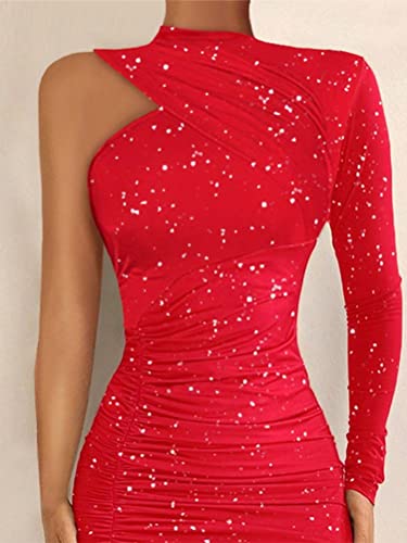 Onsoyours Damen Cocktailkleid Midikleid Elegante V Ausschnitt Slim Fit Bodycon Kleider Einfarbig Lange Ärmel Freizeitkleid B Rot S