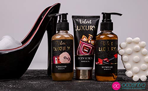 Accentra Velvet Luxury Badeset, Geschenkset in wunderschönem Keramik-Pump schwarz-rot, 6-teiliges Luxus Beautyset für ein entspanntes SPA-Erlebnis