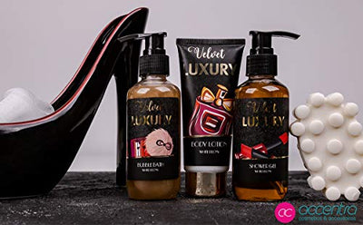 Accentra Velvet Luxury Badeset, Geschenkset in wunderschönem Keramik-Pump schwarz-rot, 6-teiliges Luxus Beautyset für ein entspanntes SPA-Erlebnis