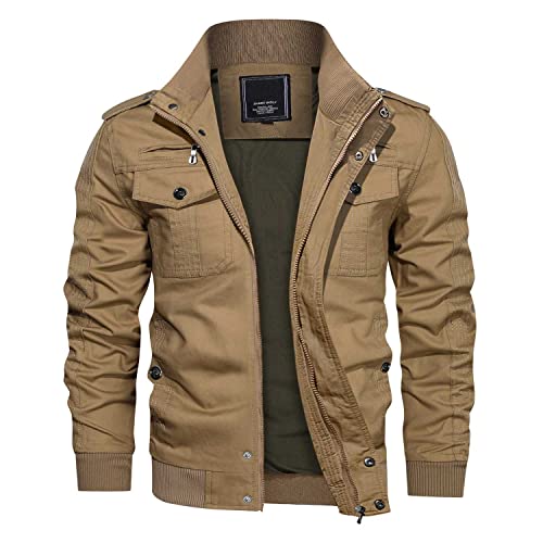 KEFITEVD Jacke Herren Frühling Herbst Herrenjacke Bundeswehr Jacke Bomberjacke Männer Jagdjacke Bomber Blouson Herren Motorradjacke Übergangsjacke Kurz Mantel Khaki L