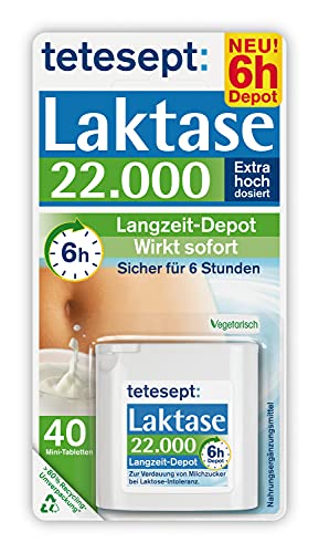 tetesept Laktase 22.000 – Laktasetabletten bei Laktoseunverträglichkeit – Nahrungsergänzungsmittel mit Sofortwirkung & 6h Langzeit-Depot – 1 Dose à 40 Stück