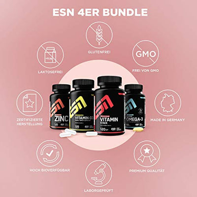 ESN 4er Pack Vitamine & Vitalstoffe – Zink, Omega 3, Vitamin D & Vitamin Stack