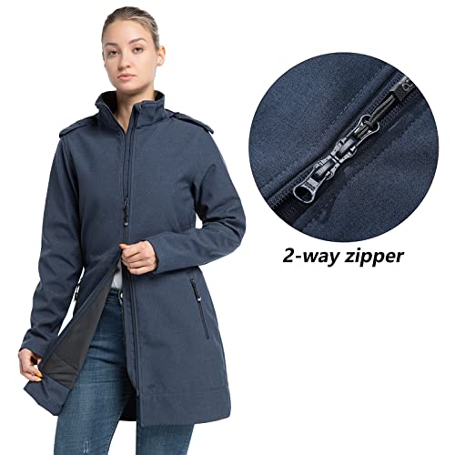 33,000ft Softshelljacke Damen Lange Übergangsjacke Wasserdicht Winddicht Softshellmantel Windbreaker Atmungsaktiv Wanderjacke Outdoor Mantel mit Abnehmbarer Kapuze Dunkel blau 46