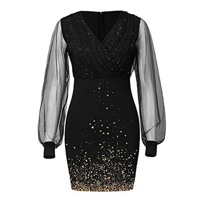 Damen Kleid Winter V-Ausschnitt Partykleid Elegant Glitzerkleid Club Outfits Cocktailkleider Glitzer Etuikleid mit Spitze Eng Pailletten Wickelkleid Langarm Freizeitkleid