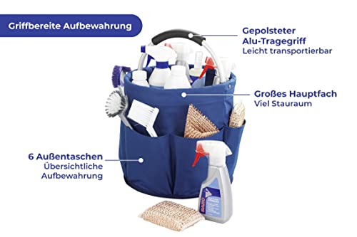 Maximex Universal Reinigungs-Caddy, Putzcenter, Blau, multifunktionaler Haushaltshelfer, geeignet für Gartengeräte und Werkzeug, 1 Hauptfach und 6 Außentaschen, aus Polyester, Ø 28 x H: 26,5 cm