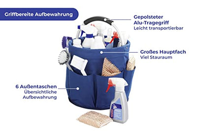 Maximex Universal Reinigungs-Caddy, Putzcenter, Blau, multifunktionaler Haushaltshelfer, geeignet für Gartengeräte und Werkzeug, 1 Hauptfach und 6 Außentaschen, aus Polyester, Ø 28 x H: 26,5 cm