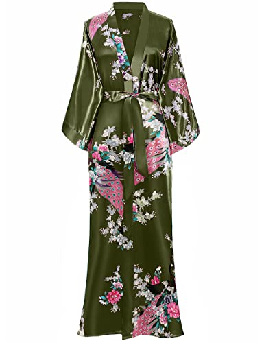 BABEYOND Damen Morgenmantel Maxi Lang Kimono Strandkleid Pfau Gedruckt Strickjacke Kimono Bademantel Damen Lange Robe Schlafmantel Girl Pajama Party (Armeegrün)