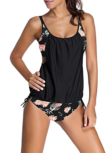 Aleumdr Tankini Set Damen Badeanzug Bauchweg Tankini Damen Push up mit Bügel Tankinis für Damen Tankini Oberteil mit Badeshorts Zweiteiler Bademode Bikini Set High Waist Beachwear Swimsuits Schwarz M