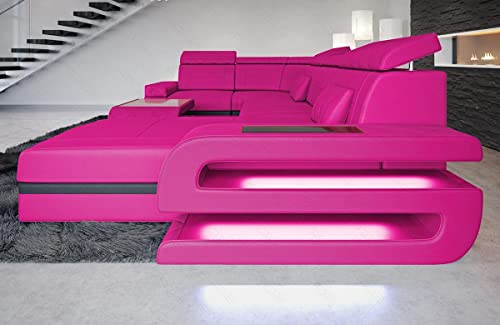 Sofa Bologna als Wohnlandschaft in der U-Form Leder Couch mit USB Kopfstützen Beleuchtung Ledersofa als Designersofa mit Stauraum (Ottomane rechts (auf Sofa blickend), Pink-Schwarz)