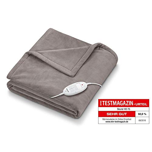 Beurer HD 75 Heizdecke, kuschelige Wärmedecke mit 6 Temperaturstufen, Sicherheitssystem und Abschaltautomatik, maschinenwaschbar, taupe, 180 x 130 cm