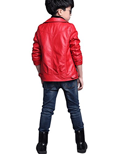 YOUNGSOUL Jungen Mädchen Lederjacke Kinder Kragen Motorrad Bikerjacke aus Kunstleder Frühjahr Herbst Rot 110(3-4 Jahre) / Größe 110