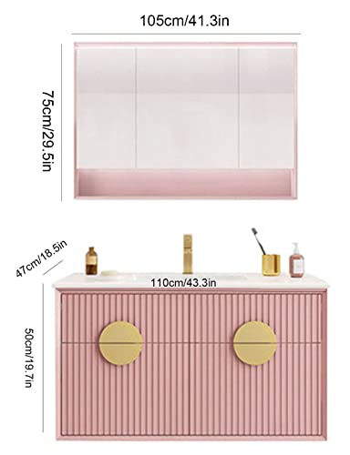 Meresysid Badezimmer Waschtisch Waschbecken Kombination moderner rosa Speicherschrank mit Schubladen und Spiegelschrank Einzelhahn Keramik Waschbecken und Arbeitsplatte großer Stauraum