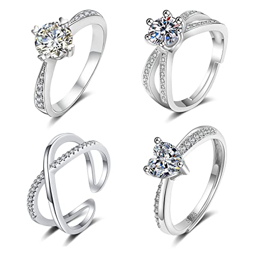 Aucuu 4PCS 925 Sterling Silber Ring Damen, einstellbare Ring Zirkonia ringe Damenring, Schmuck geschenk für Verlobung, Versprechen, Jahrestag