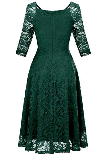 Dressystar Damen Elegant Spitzenkleid 3/4 Ärmel Hochzeit Party A-Linie Abendkleid Cocktailkleid Dunkelgrün M