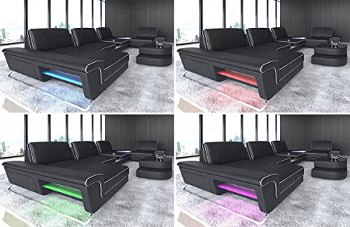 XXL Sofa Wohnlandschaft Ferrara das Ledersofa in U Form mit USB und Beleuchtung inklusive Kopfstützen Couch modern (Ottomane Links, Schwarz-Weiß)