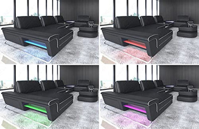 XXL Sofa Wohnlandschaft Ferrara das Ledersofa in U Form mit USB und Beleuchtung inklusive Kopfstützen Couch modern (Ottomane Links, Schwarz-Weiß)