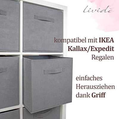 Lividé 6 STÜCK Aufbewahrungsbox in Grau | kompatibel mit IKEA Kallax Regalen | 33cm x 33cm x 33cm | hochwertige Aufbewahrungskiste mit praktischem Griff für mehr Ordnung im Schrank