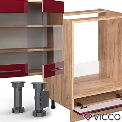 Vicco Küchenzeile Küchenblock Einbauküche Fame-Line 300 cm modern Schubunterschrank Herdumbauschrank Spülenunterschrank Hängeschrank Kühlumbauschrank (Eiche-Bordeaux-Rot Hochglanz)