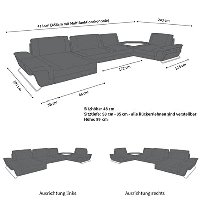 Ledersofa Ferrara als U-Form Wohnlandschaft mit USB Beleuchtung Sofa mit Kopfstützen Designersofa Couch (Ottomane Links, Rot-Schwarz)