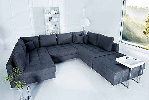 invicta INTERIOR Moderne XXL Wohnlandschaft Kent 303cm anthrazit grau Federkern mit Schlaffunktion Sofa inkl. Hocker und Kissen Schlafsofa Eckcouch