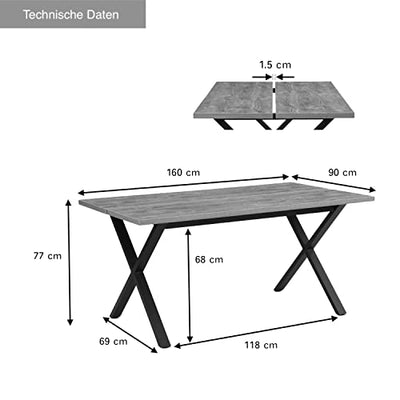 B&D home Esstisch Holz Industrial, Tischplatte 160x90 cm Akazie Optik, Kreuzgestell schwarz, Tisch Esszimmermöbel, Küchentisch, Holztisch, Esszimmertisch, für Esszimmer, Küche