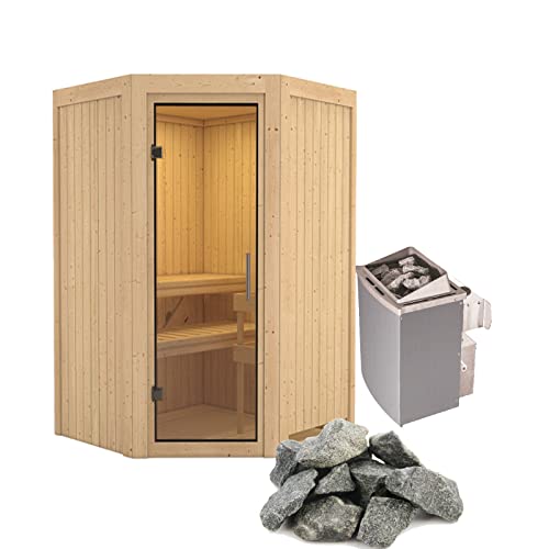 HORI® Traditionelle Sauna Ecksauna mit Ofen | 9,0 kW Finnish + int. Strg I 151 x 151 cm - Ida