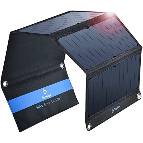 BigBlue 28W Tragbar Solar Ladegerät 2-Port USB(5V/4A insgesamt), IPX4, Solarpanel mit Digital Amperemeter und Reißverschluss zum Schutz - für Wiederaufladen USB-Geräte -iPhone Android GoPro usw