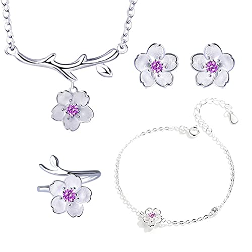 925 Silber Schmuck Sets Romantische Kirschblüten Blume Halskette + Ohrringe + Ring + Armband Für Frauen Hochzeit Schmuck Set