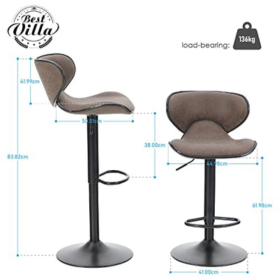 Best Villa 2er Set Barstuhl Höhenverstellbar Drehbar Barhocker aus PU-Leder mit Rückenlehne Fußstütze, Stylisch Tresenhocker Ergonomisch Küchenstühle Dining Chairs für Bar Küche Zuhause