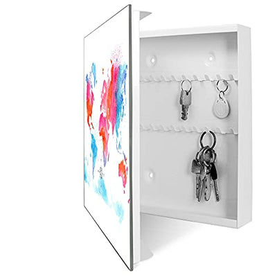 banjado® Großer Schlüsselkasten aus Glas - Schlüsselbox 30x30cm mit 50 Haken - Motiv Weltkarte Pastell - Schlüsselschrank für Schlüsselaufbewahrung mit beschreibbarer Glastür als Magnettafel nutzbar