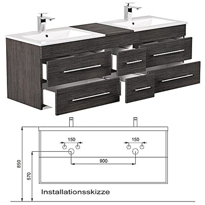 Lomadox Badmöbel Waschplatz Set, anthrazit gemasert, 153cm Doppel-Waschtisch-Unterschrank, 2 Waschbecken, 140cm Spiegel mit LED-Hintergrundbeleuchtung, B/H/T ca. 153/200/47 cm