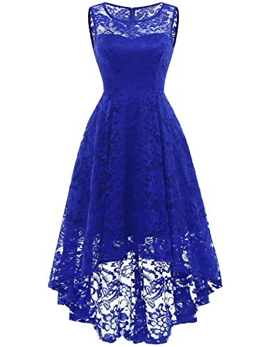 MuaDress 6006 Elegante Abendkleider Cocktailkleider Damenkleider Brautjungfernkleider aus Spitzen Knielange Rockabilly Ballkleid Rund Ausschnitt Royalblau XS