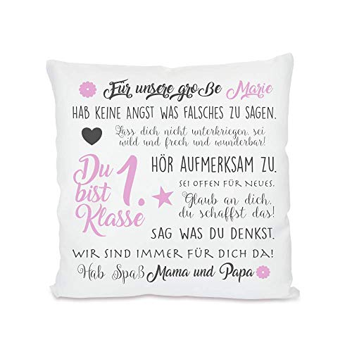 Geschenk zur Einschulung für Schulanfänger - Kissen mit Name des Erstklässlers, in zwei Farben für Mädchen und Jungen