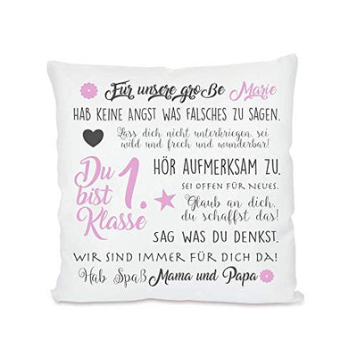 Geschenk zur Einschulung für Schulanfänger - Kissen mit Name des Erstklässlers, in zwei Farben für Mädchen und Jungen