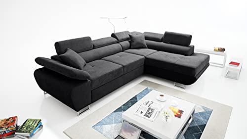 Robin Saturn Premium Ecksofa mit Schlaffunktion, Schlafsofa mit Bettkasten und Kissen, Freistehendes Eckcouch in L-Form, verstellbare Kopfstützen, Polstergarnitur Sofa