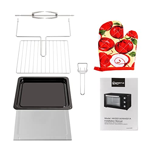 WANNYTON Backofen 30 L, Pizzaofen mit 3 Ebenen 1 Drehspieß-Halter, Minibackofen 6 Modi Umluft, zweilagige Tür, Einbaubackofen mit komplettem Zubehör, 70-230 °C, 0-120 Min. 1500 W, OMOAC03he