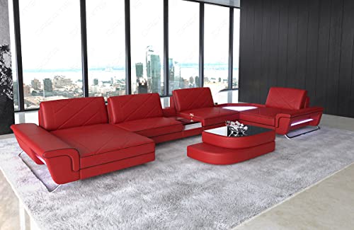 Ledersofa Ferrara als U-Form Wohnlandschaft mit USB Beleuchtung Sofa mit Kopfstützen Designersofa Couch (Ottomane Links, Rot-Schwarz)