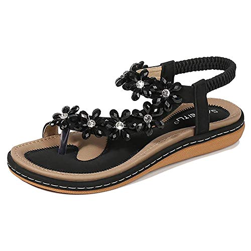 Amissz Damen Sommer Sandalen Bohemian Strass Flach Sandaletten Sommer Strand Schuhe Damen Zehentrenner (Schwarz, 36 EU)