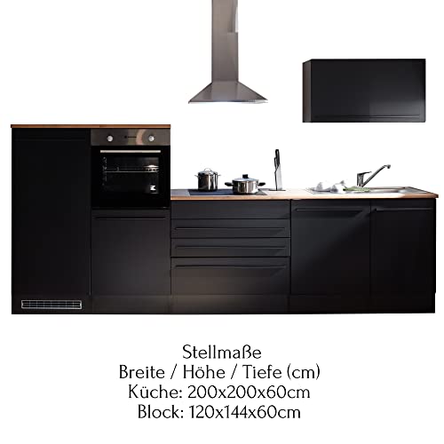 Stella Trading Jazz 4 Moderne Küchenzeile ohne Elektrogeräte in Schwarz matt-Geräumige Einbauküche mit viel Platz und Stauraum, Holzwerkstoff, 320 x 200 x 60 cm