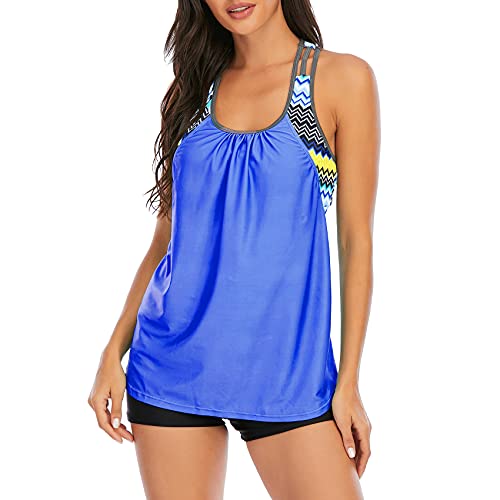 Durio Tankini für Damen Tankini Damen Bauchweg Bademode Top Bandeau Mit Hotpants Set Badeanzug Blau 42-44