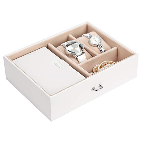 SONGMICS Schmuckkasten, Schmuckkästchen mit 2 Schubladen, abschließbarer Schmuck-Organizer mit Spiegel, herausnehmbare Reise-Box, für Ringe, Armbänder, Ohrringe, Samtfutter, weiß JBC121W