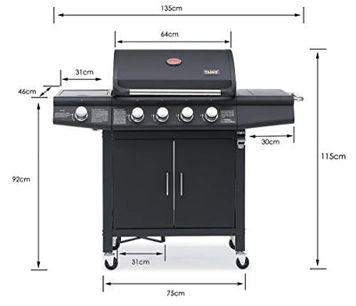 TAINO RED 4+1 Grillwagen BBQ Edelstahl-Brenner Gasgrill schwarz inkl. Zubehör Abdeckplane Haube Gasregler