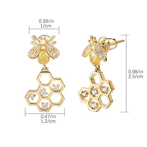 Emibele Ohrringe Damen, Vergoldetes Metall Ohrringe mit 925 Sterling Silber Nadeln, Kubik Zirkonia Messing Kleine Bienen & Honigwabe Ohrhänger für Damen Frauen Mädchen, Mode Schmuck - Champagner Gold