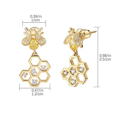 Emibele Ohrringe Damen, Vergoldetes Metall Ohrringe mit 925 Sterling Silber Nadeln, Kubik Zirkonia Messing Kleine Bienen & Honigwabe Ohrhänger für Damen Frauen Mädchen, Mode Schmuck - Champagner Gold