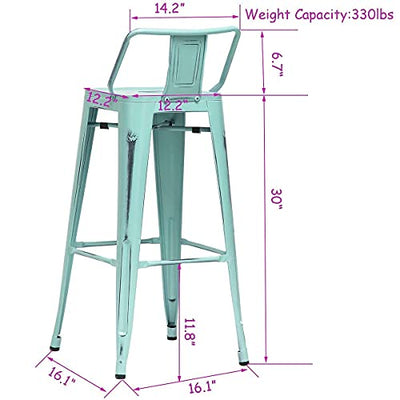 Barhocker aus Metall, 4 Stück, industrielle Theke, Barhocker mit Rückenlehne, für Bistro, Café, Barhocker (76,2 cm, Used-Look, blau-grün)